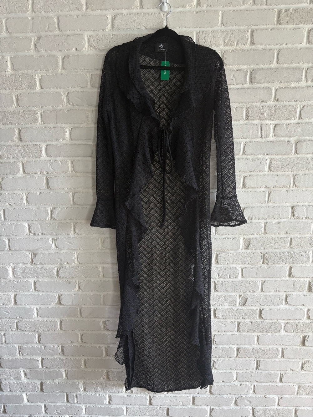 Sweetkama Tie-Front Ruffled Long Cardigan, Size Medium.